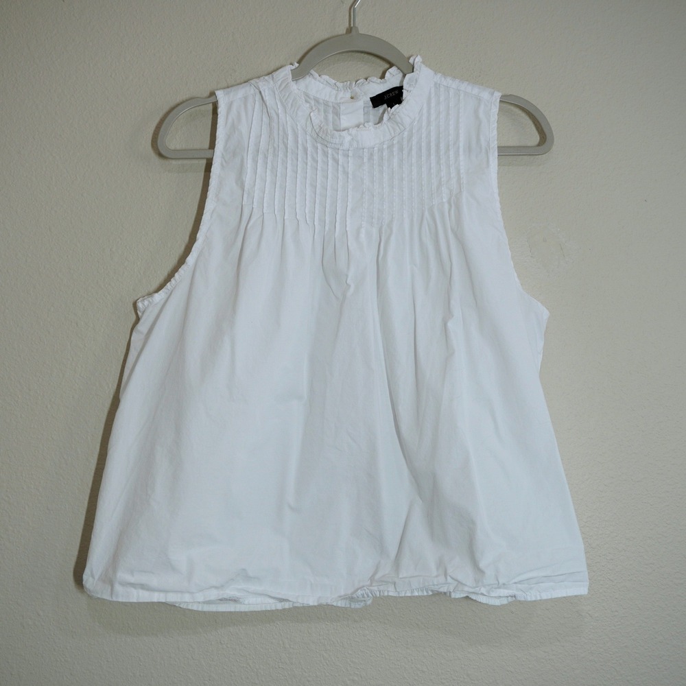 J. Crew Women's Size Large White Sleeveless Top Pintuck Ruffle Neck Cotton Chic